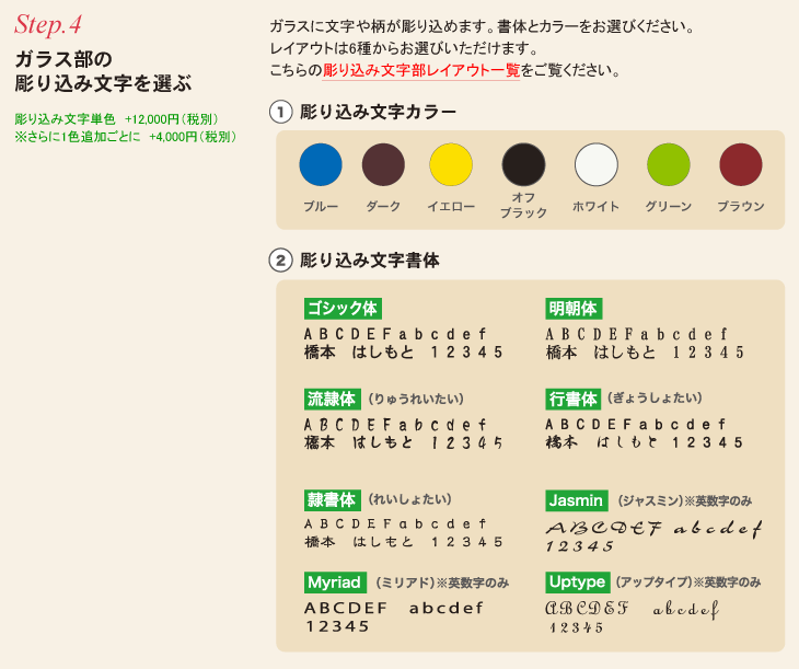 ガラス部の彫り込み文字を選ぶ