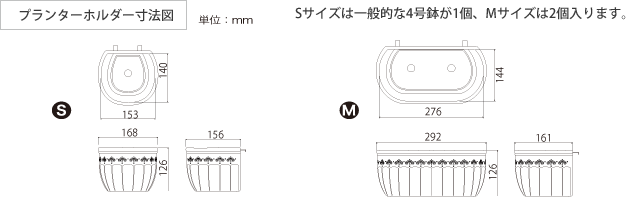 プランターホルダー寸法図 Sサイズは一般的な4号鉢が1個、Mサイズは2個入ります。
